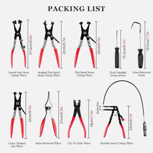 9PCS Hose Clamp Pliers Set with Reach Cable, Swivel Jaw Tools, Locking Flat Band