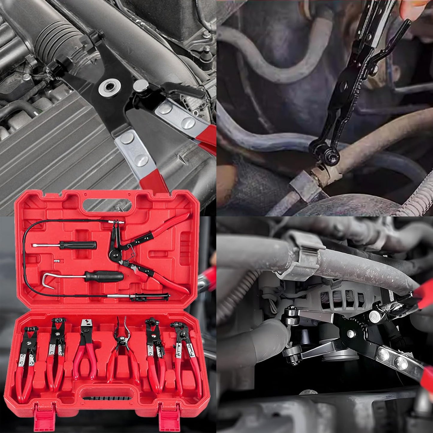 9PCS Hose Clamp Pliers Set with Reach Cable, Swivel Jaw Tools, Locking Flat Band