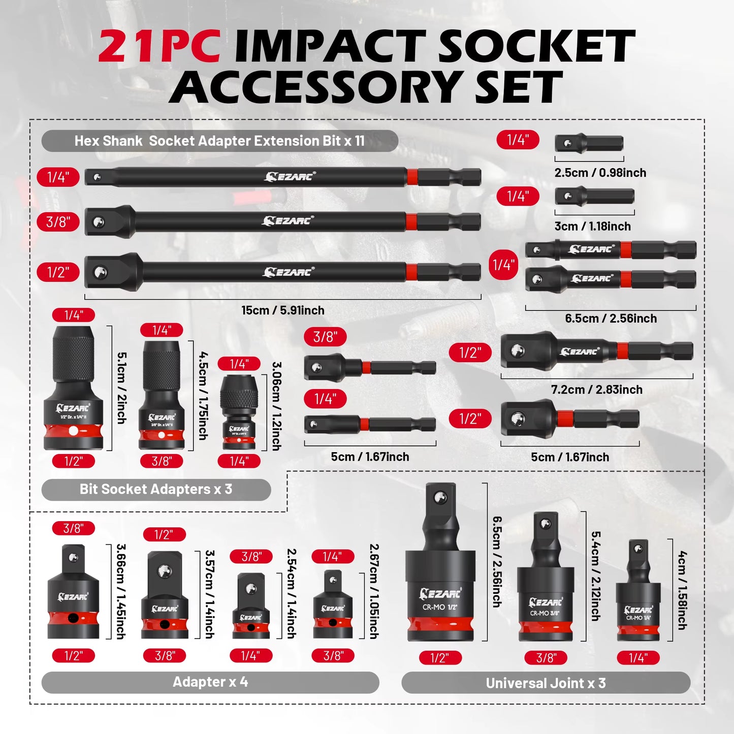 21Pcs Impact Socket Adapter Set - CR-MO Universal Swivel Socket Set & Impact Couplers, CR-V Reducers & Hex Extension Bits