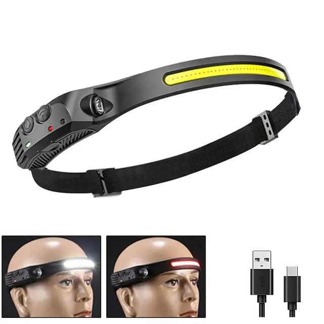 COB LED Headlamp Induction Head Lamp Built-In Battery USB Rechargeable Head Flashlight Outdoor Camping Fishing Sensor Headlight