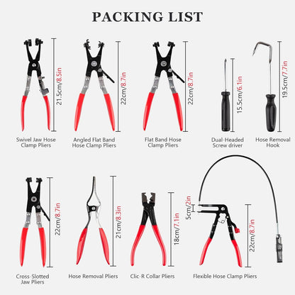 9PCS Hose Clamp Pliers Set with Reach Cable, Swivel Jaw Tools, Locking Flat Band