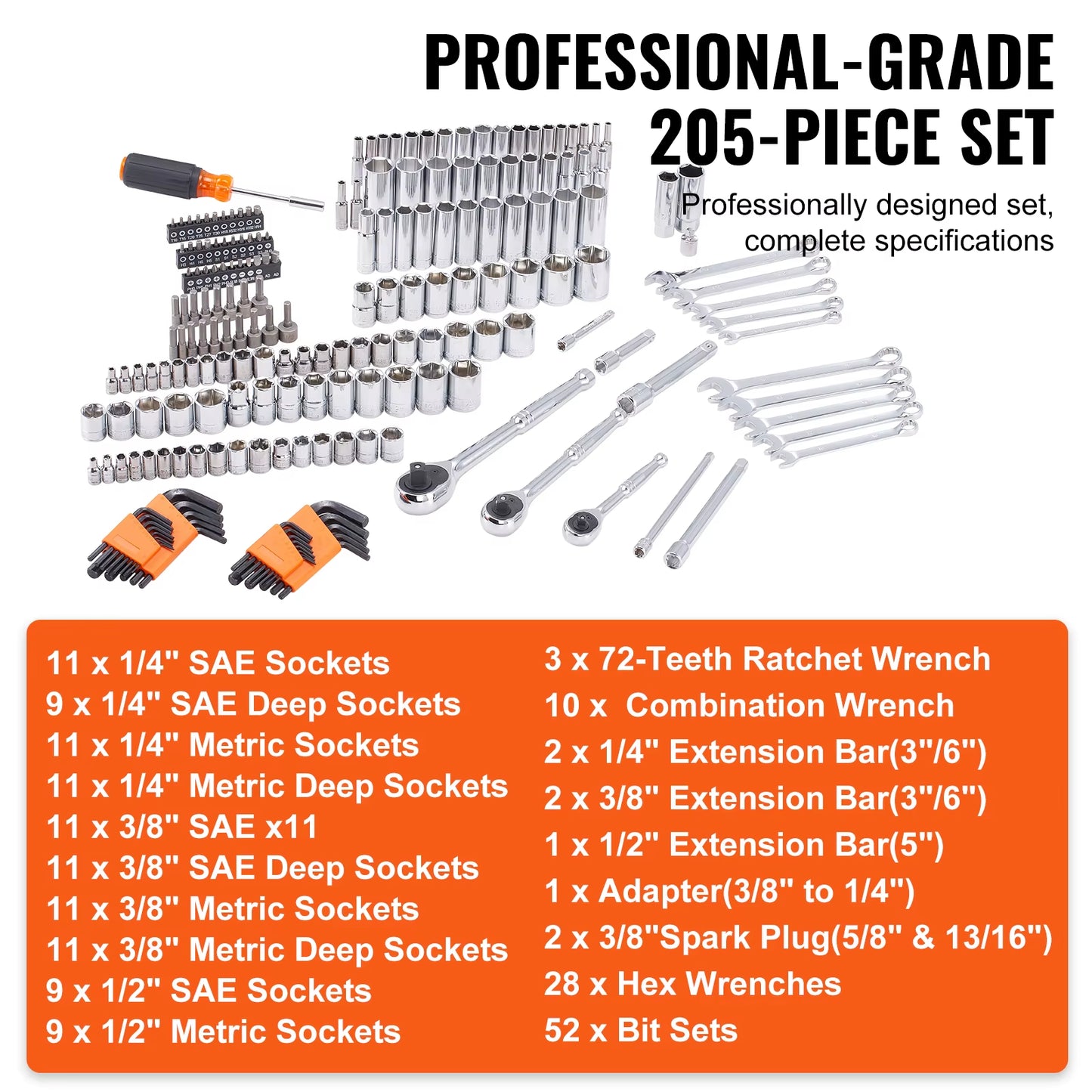 Mechanics Tool Set and Socket Set Deep and Standard Sockets 145/205 Pcs SAE and Metric Mechanic Tool Kit with Bits