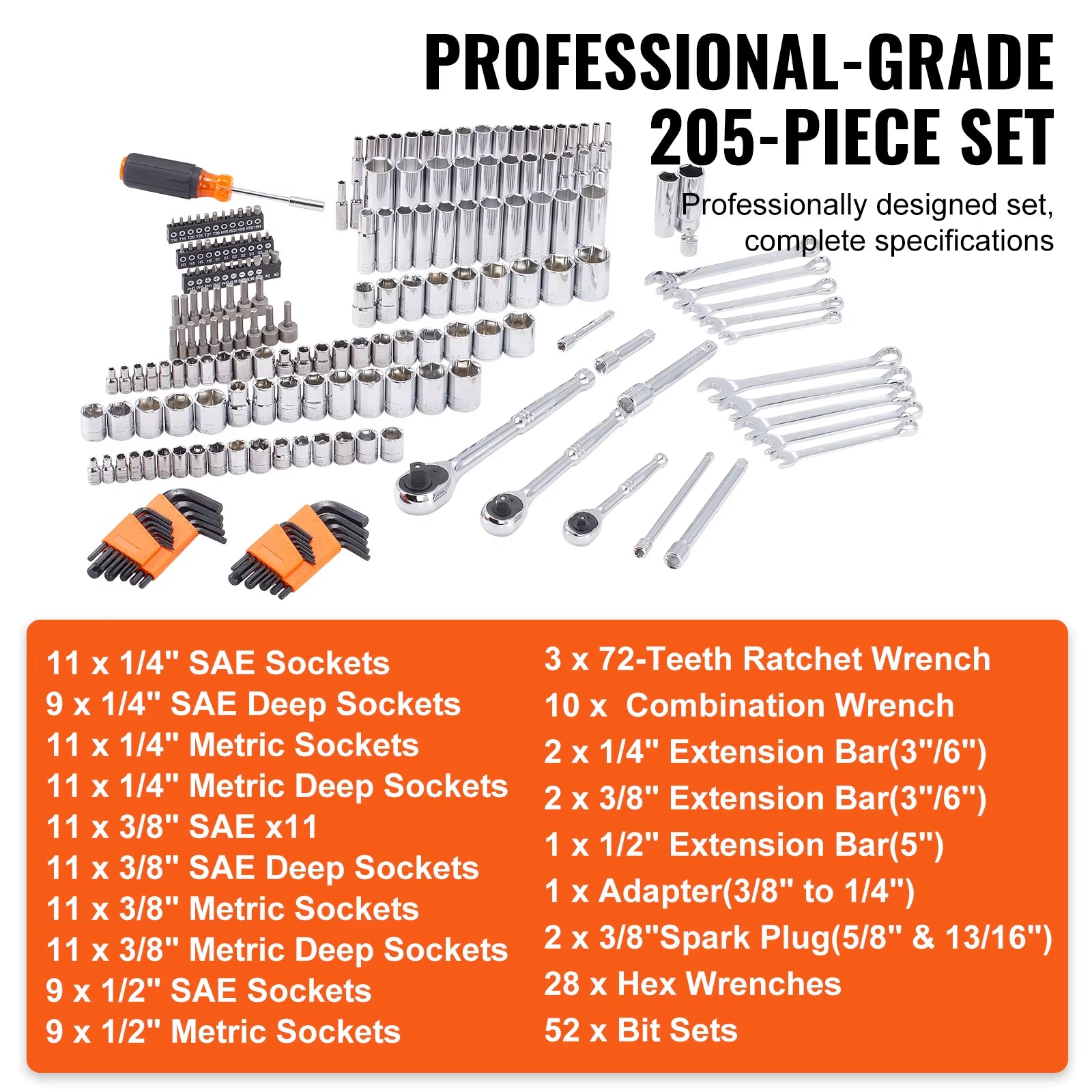 Mechanics Tool Set and Socket Set Deep and Standard Sockets 145/205 Pcs SAE and Metric Mechanic Tool Kit with Bits