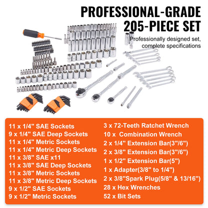 Mechanics Tool Set and Socket Set Deep and Standard Sockets 145/205 Pcs SAE and Metric Mechanic Tool Kit with Bits