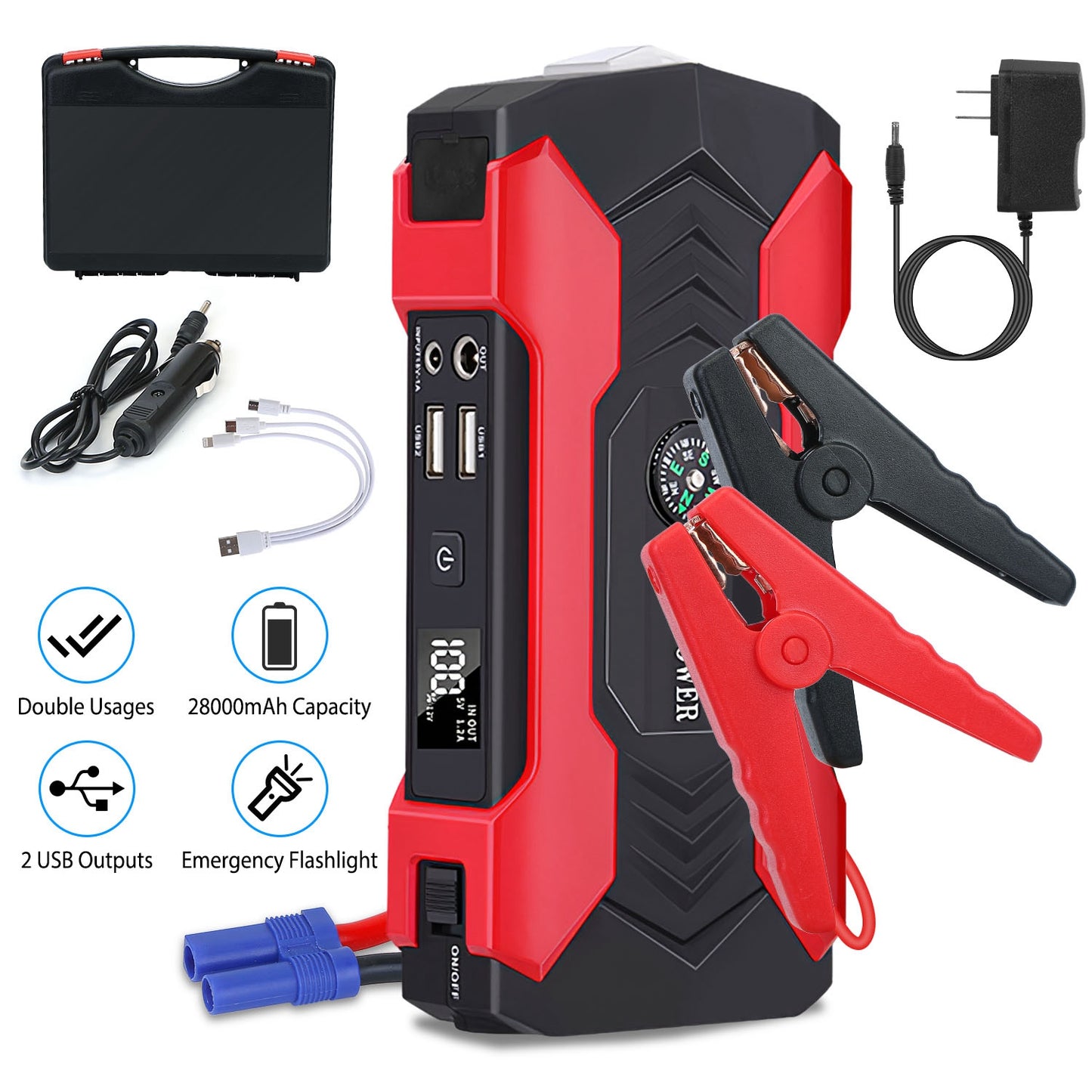 Portable Car Jump Starter 800A – 28,000mAh Emergency Battery Booster with LED Light